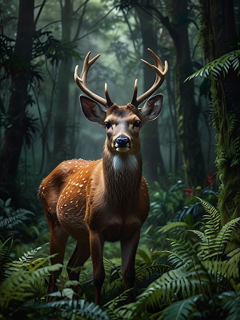 a deer with antlers is standing in the forest