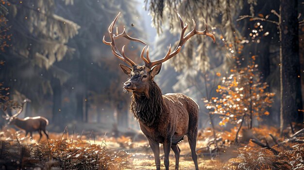 a deer with antlers is standing in the woods