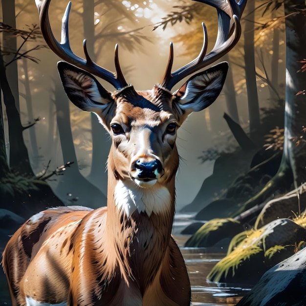 a deer with antlers is standing in the woods