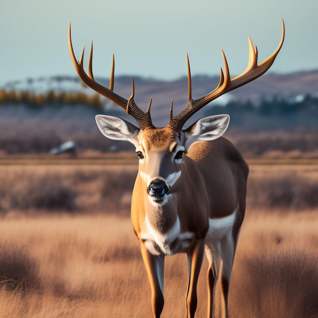 A deer with antlers standing in a field with a mountain in the background.