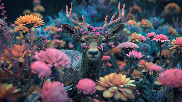 Photo a deer with antlers stands in a field of vibrant flowers looking directly at the camera