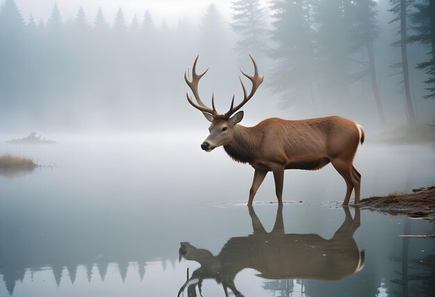 a deer with antlers stands in front of a foggy forest