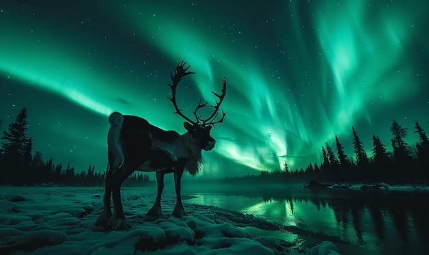 a deer with the aurora borealis on the background