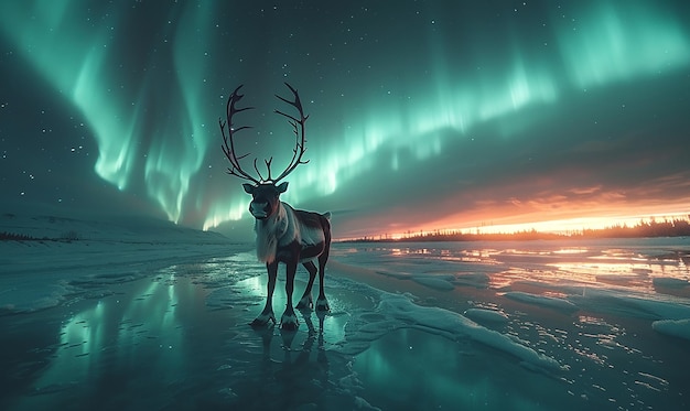 a deer with the aurora borealis on the background