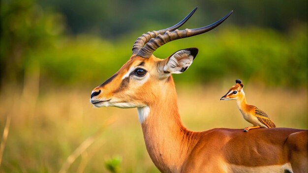 a deer with a baby on its head is standing in a field