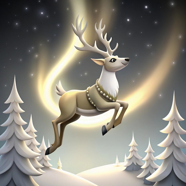 a deer with a bell around its neck is flying in the sky