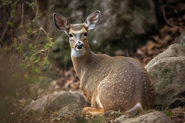 A deer with a big ear sits on a rock.