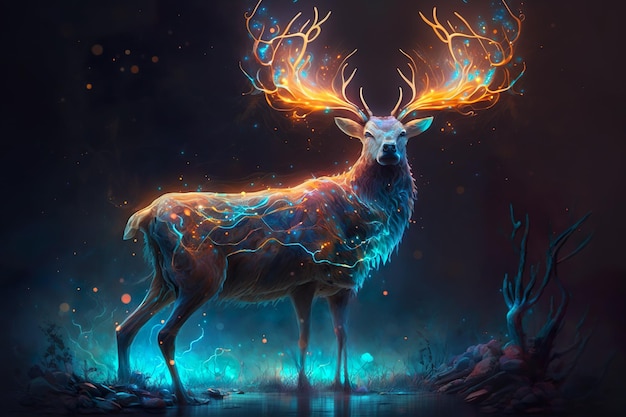 A deer with big horns and a black background