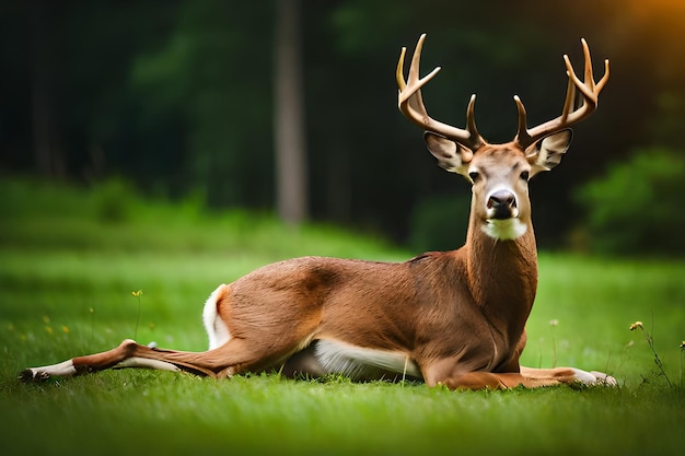 Deer with big horns sitting on the grass