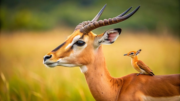 a deer with a bird on its head and a bird on the back of it