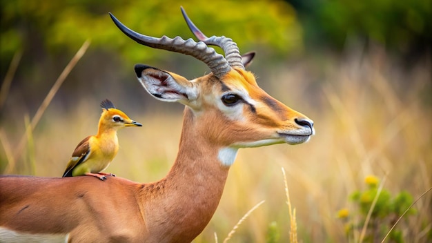 a deer with a bird on its head is looking at the camera