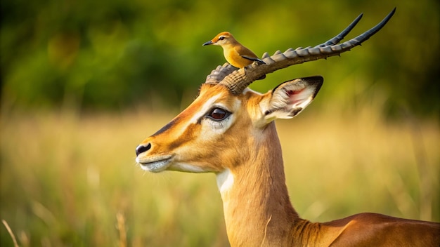 a deer with a bird on its head is on top of a tree branch