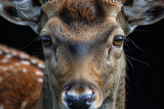 A deer with brown fur and white spots is staring at the camera