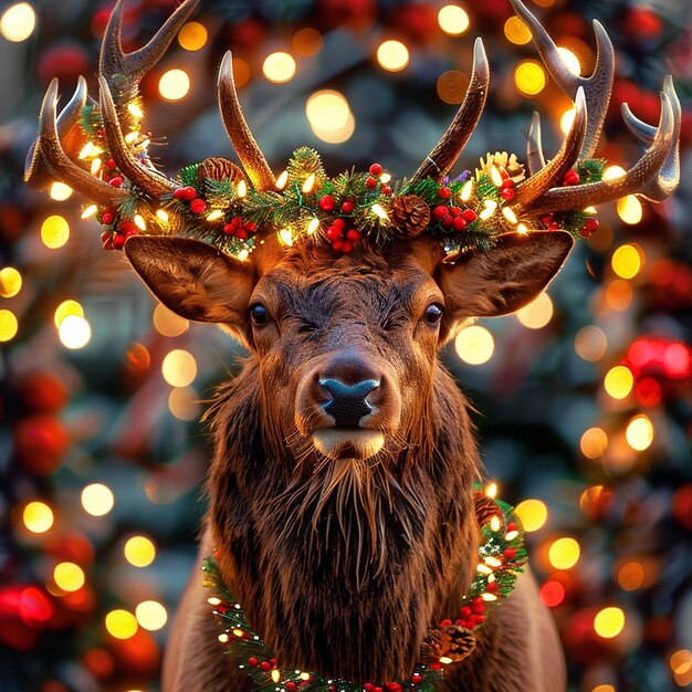 Photo a deer with a christmas garland around its neck