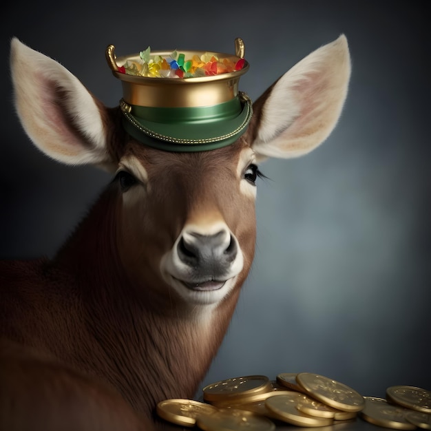 A deer with a crown on his head and a bunch of gold coins on the top.