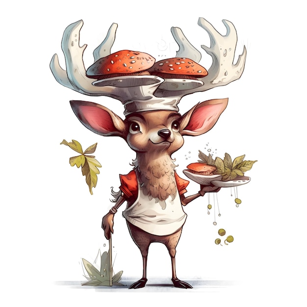 A deer with a hat on and a mushroom on his head.