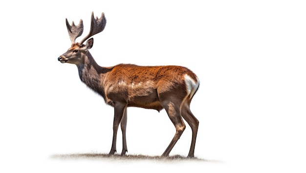 A deer with horns and horns stands on a white background.