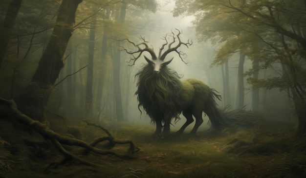 a deer with horns is in a forest with a deer head