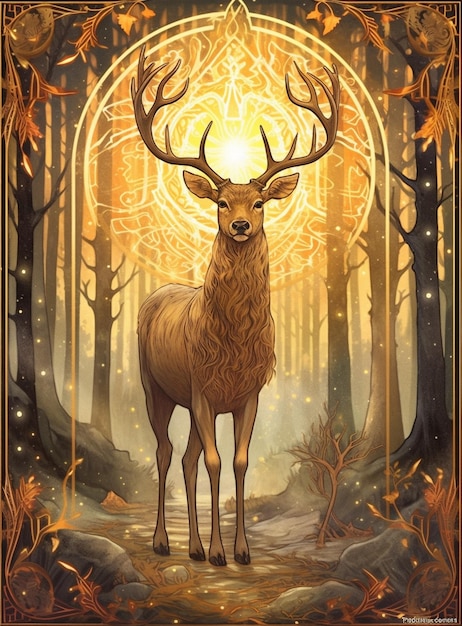 A deer with horns stands in a forest with the sun shining on it.