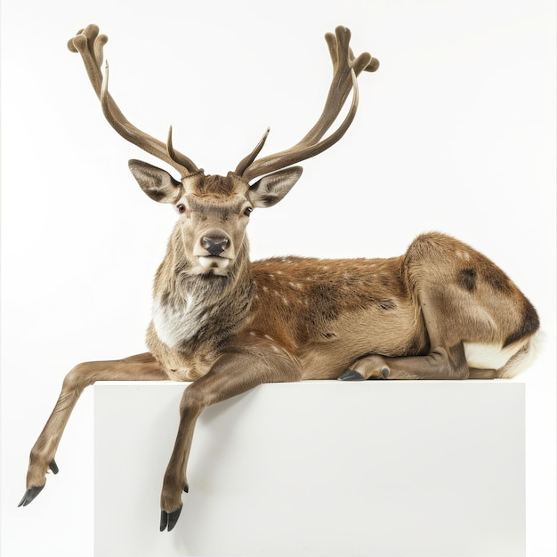 Photo a deer with large antlers gazes at viewer front legs resting on white surface