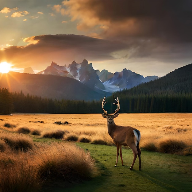 Deer with an orange tusk stands in a field with mountains in the background