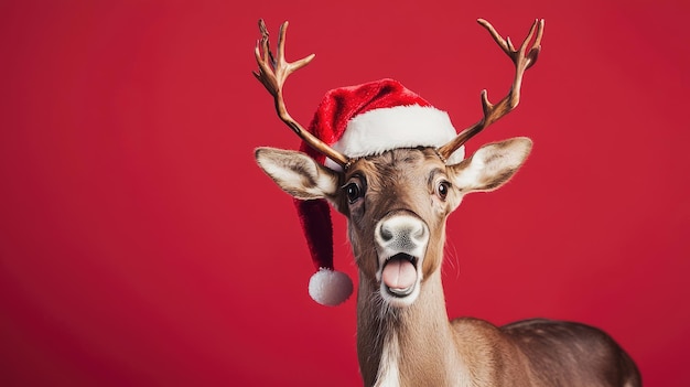 Photo a deer with a red background and a red hat on its head