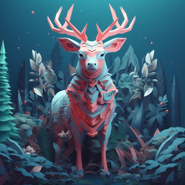 A deer with a red bow stands in a forest.