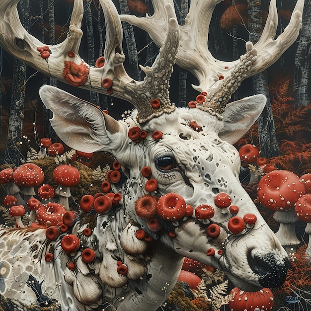 a deer with red flowers and antlers is shown in a painting