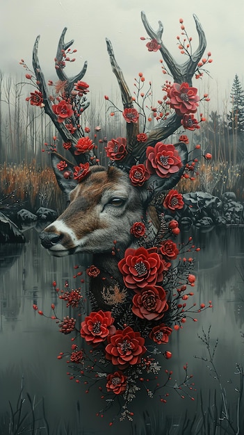 a deer with red roses on its head is surrounded by red roses