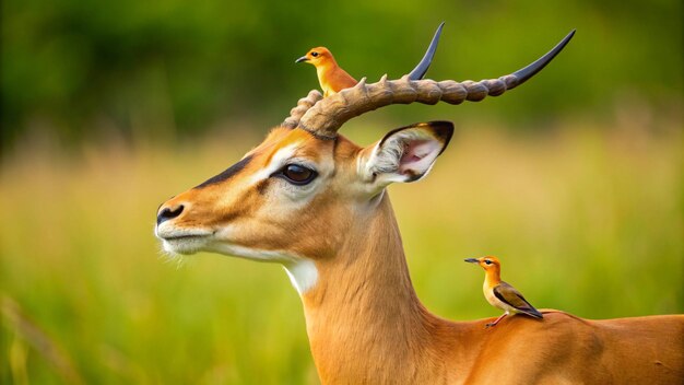 a deer with two birds on its head and two birds on the back of it