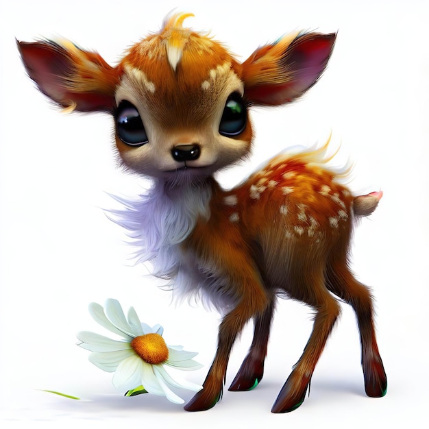 A deer with a white face and a flower on its chest