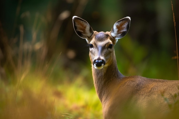 A deer in the woods is looking at the camera.