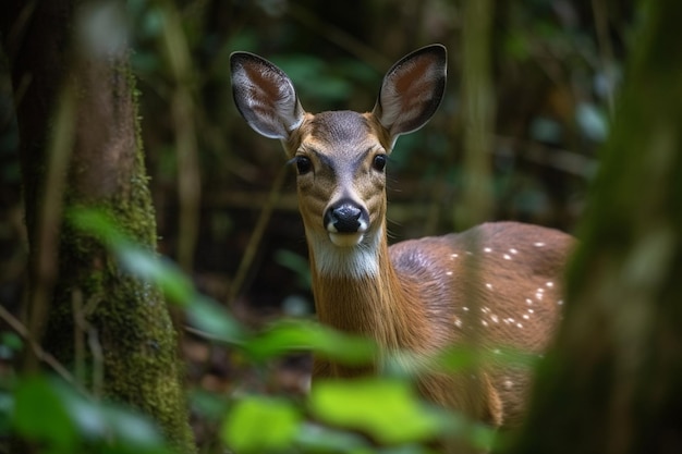 A deer in the woods is looking at the camera.