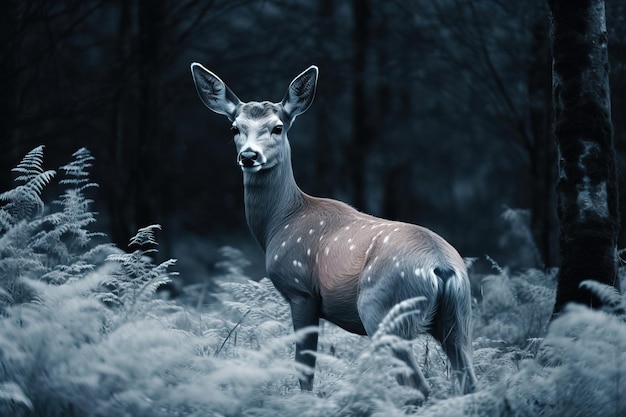 A deer in the woods with a black background