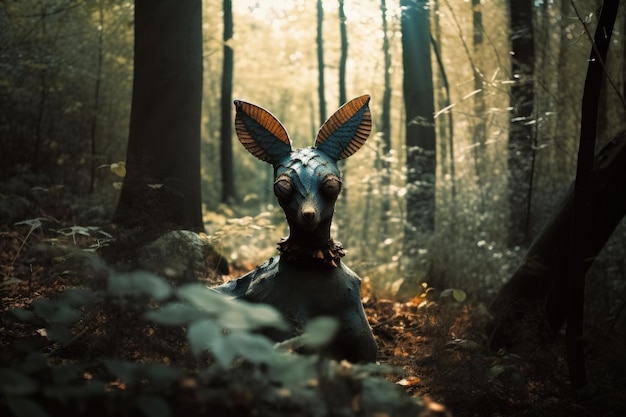 A deer in the woods with a forest background