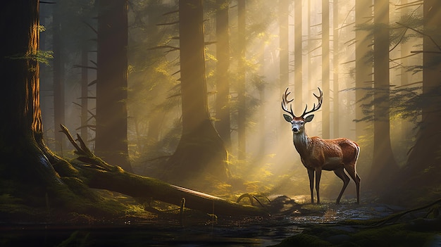 a deer in the woods with the sun shining through the trees