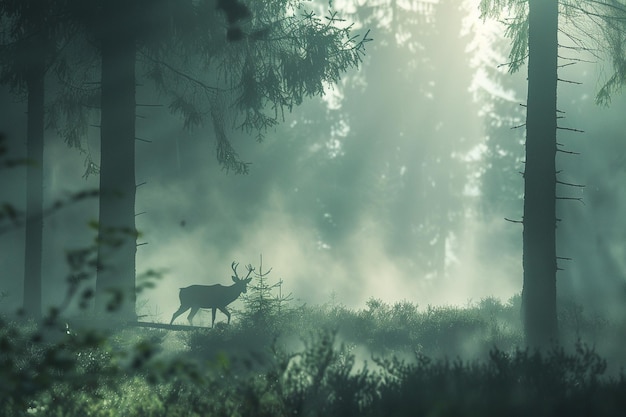 a deer in the woods with the sun shining through the trees