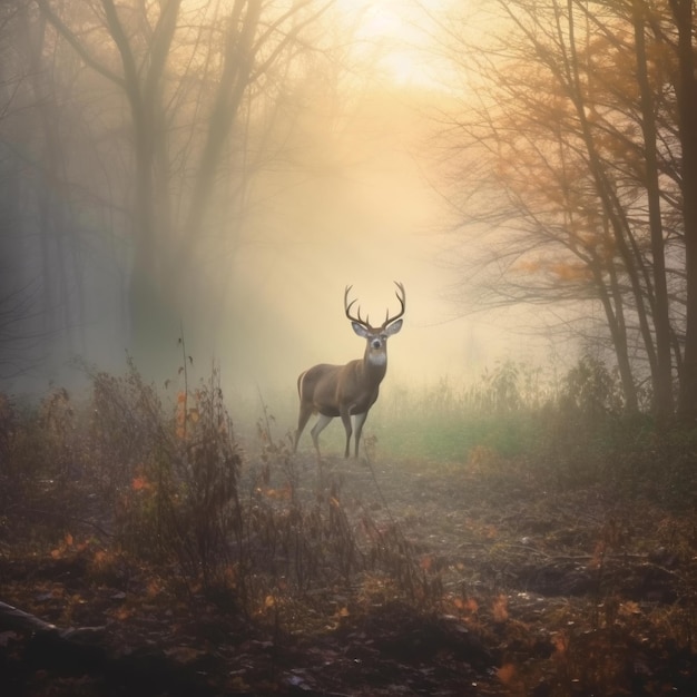 A deer in the woods with the sun shining through the trees.