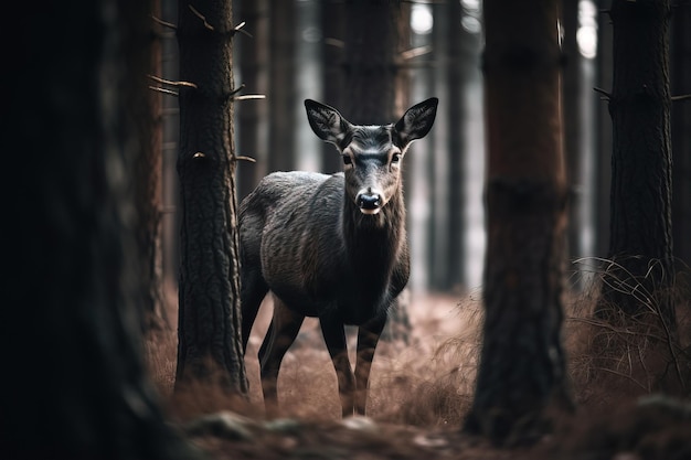 A deer in the woods with a tree in the background