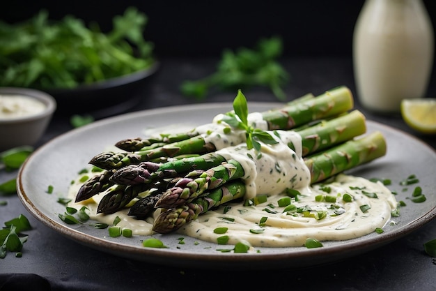 Photo default asparagus with a swirl of creamy dressing