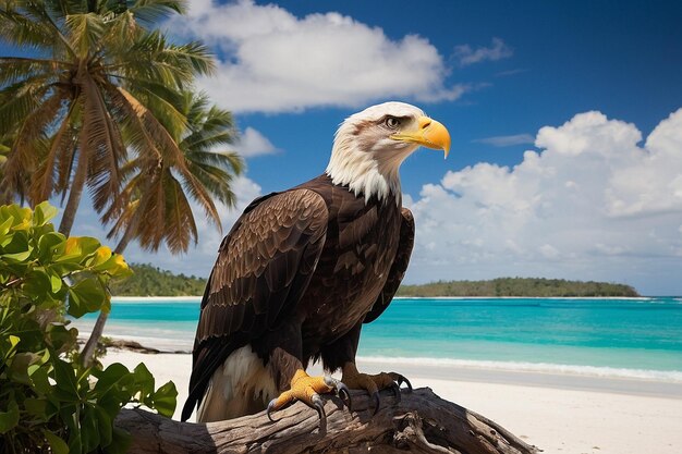 Photo default bald eagle over a tropical beach