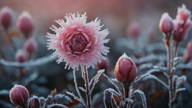 Default Beautiful pink frozen flower late autumn in morning