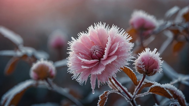 Default Beautiful pink frozen flower late autumn in morning