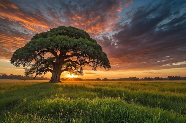 Default Bodhi tree with a vibrant sunrise over a meadow