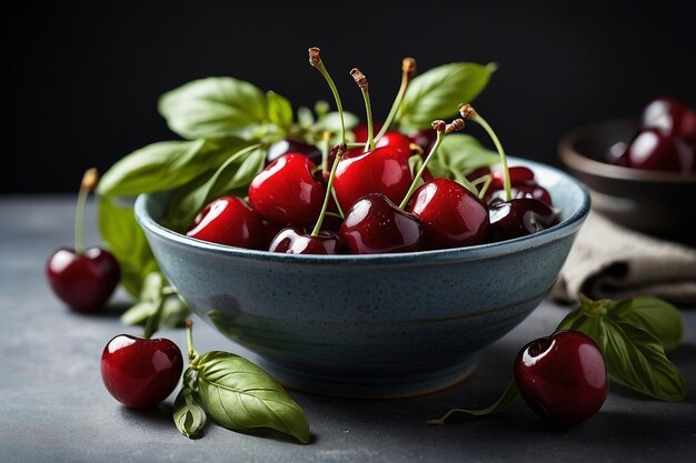 Photo default cherries in a bowl with a sprig of basil