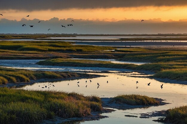 Photo default coastal marshland with birds