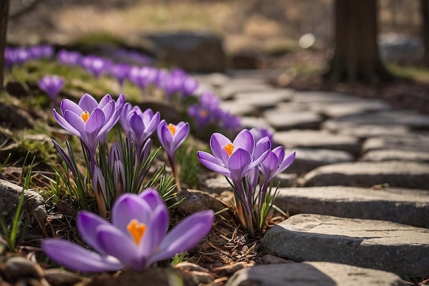 Photo default crocus next to a stone pathway