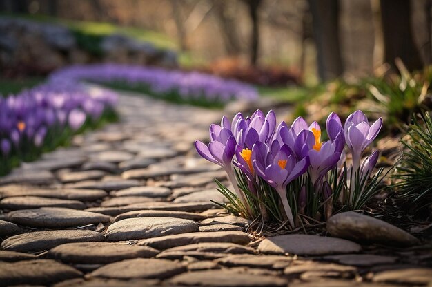 Photo default crocus next to a stone pathway