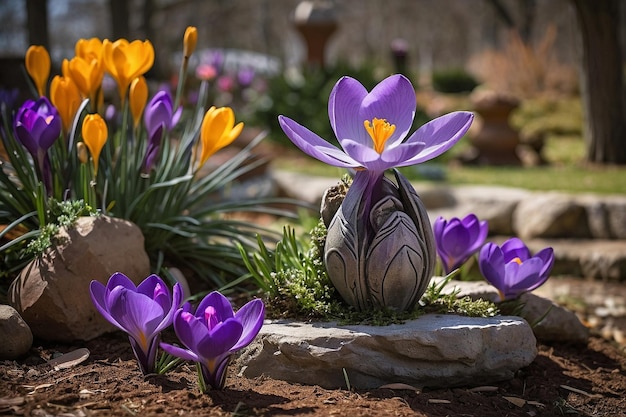 Photo default crocus with garden sculpture