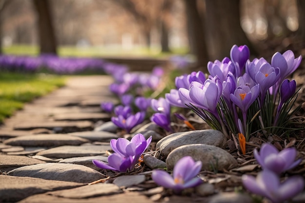 Photo default crocus with a stone pathway